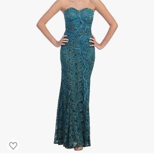 Lace/Satin Teal and Gold Mermaid Prom dress Size XS